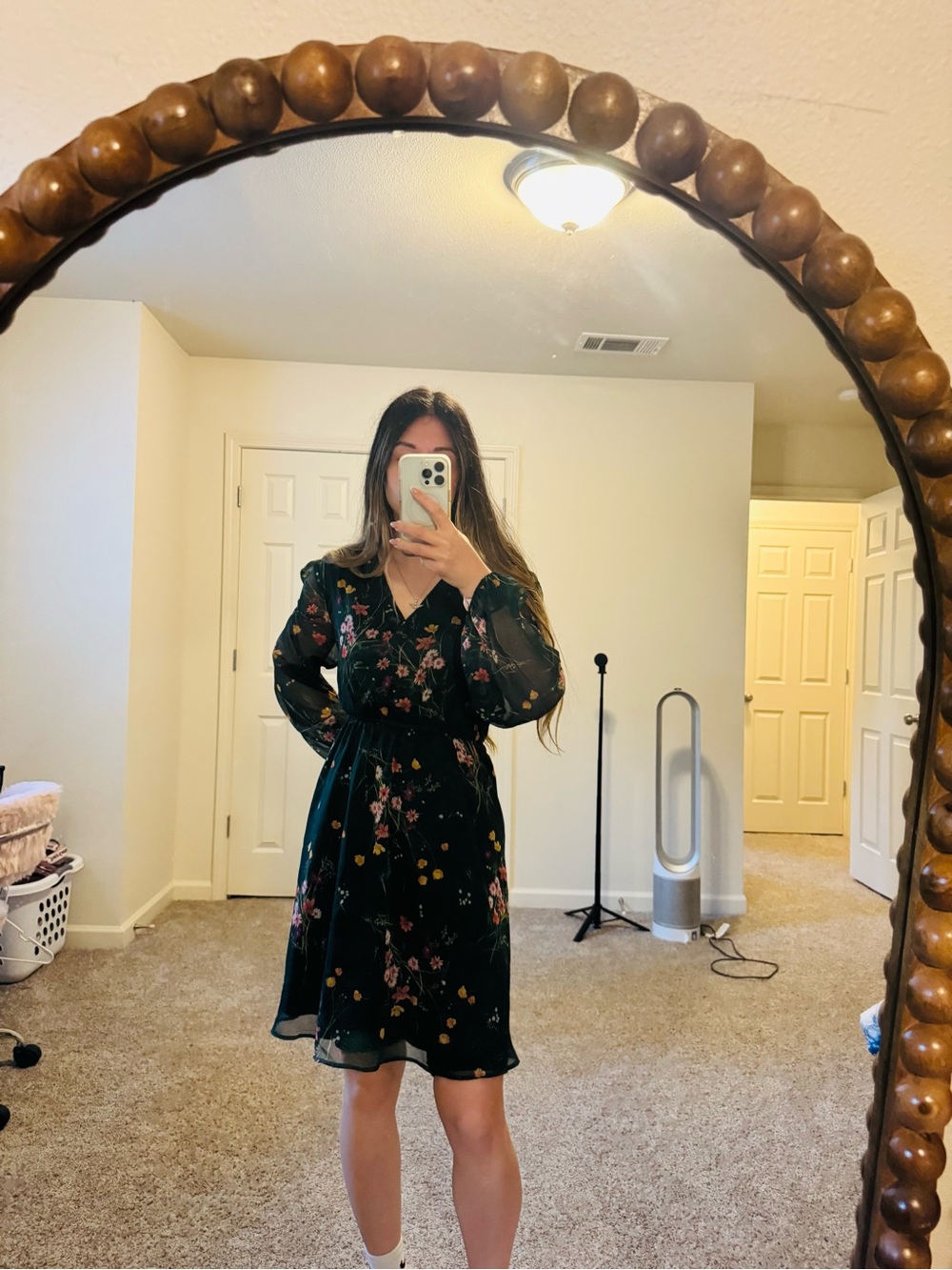 Dark Green Floral Mini Dress with Long Sheer Sleeves